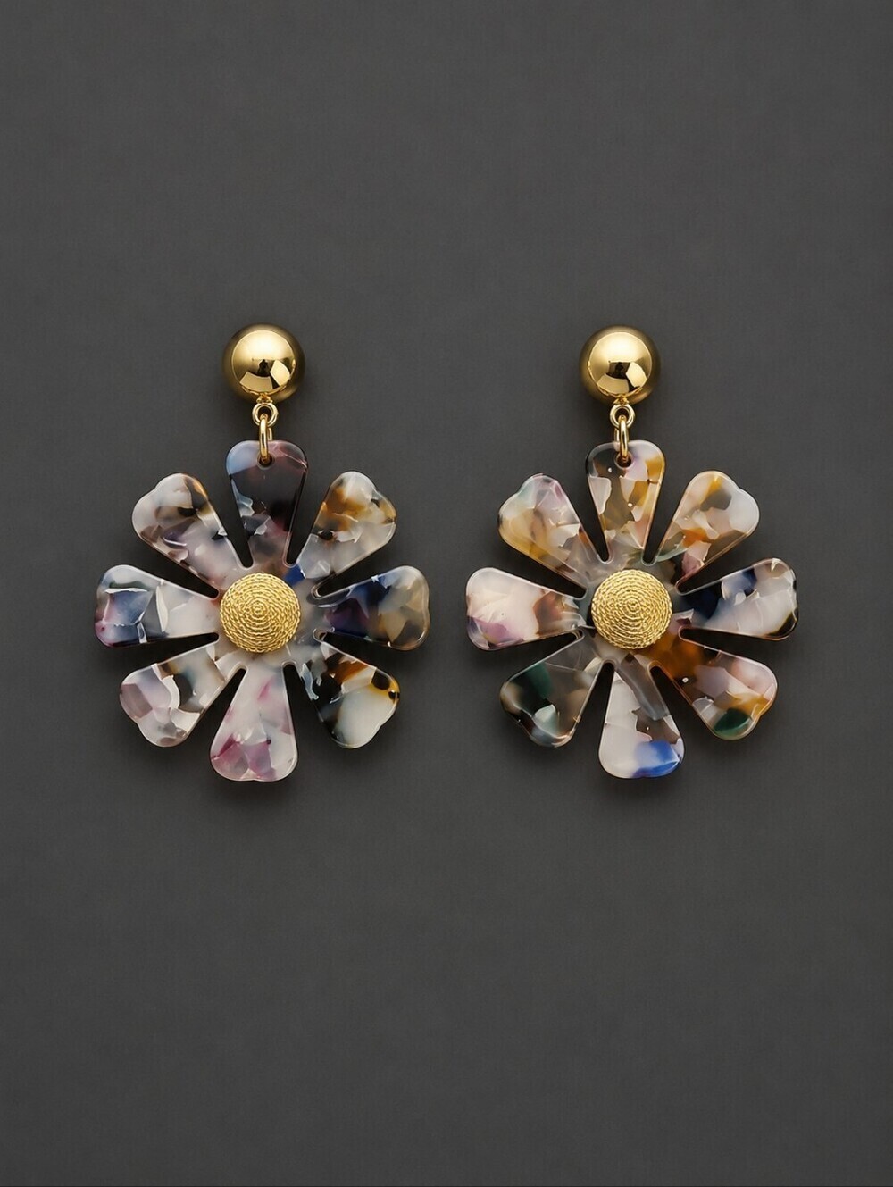 Colorful Marbled Mod Acrylic Resin Daisy Flower Post Earrings